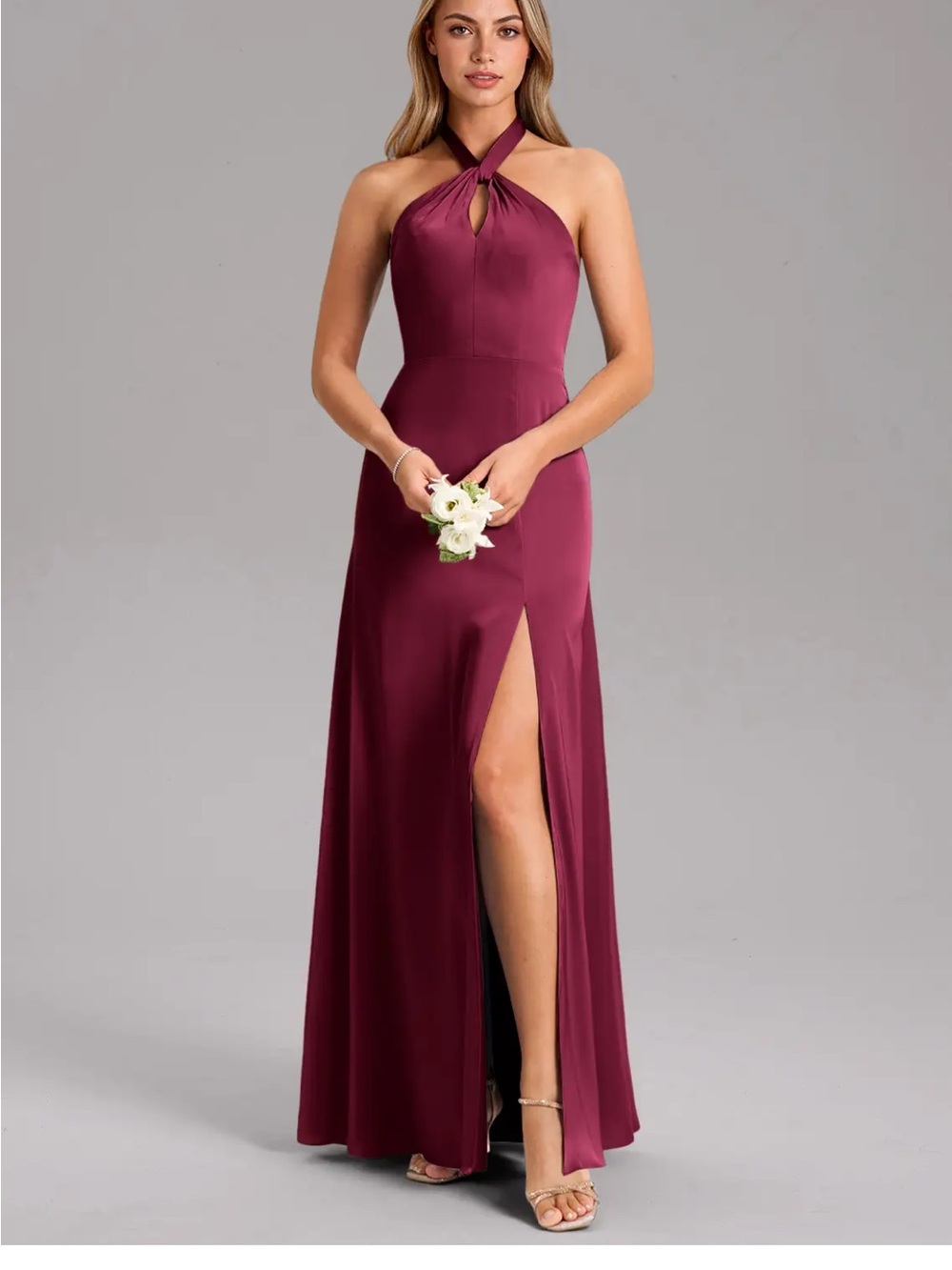 Halter Neck Burgundy Evening Dress with Front Slit